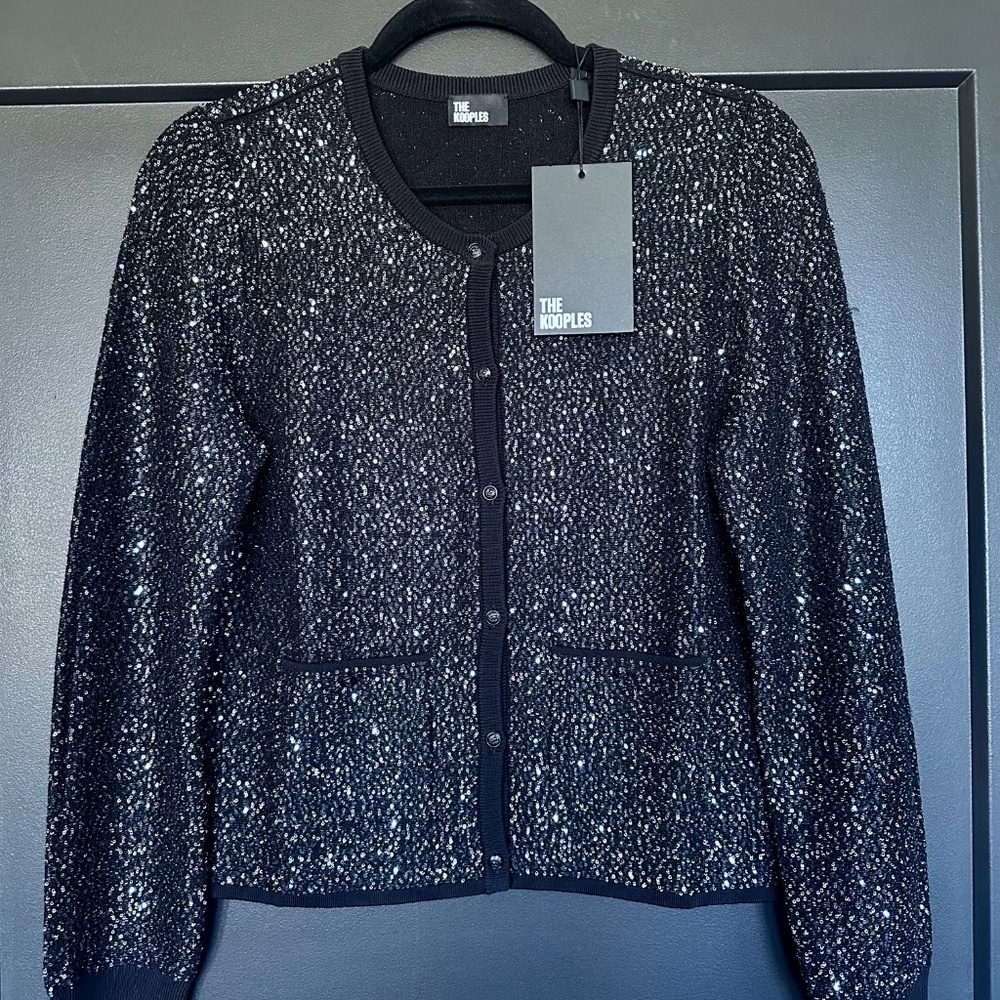 NWT | The Kooples | Black Knit Cardigan Sweater  | Silver Sequin-Embellished - Picture 6 of 10